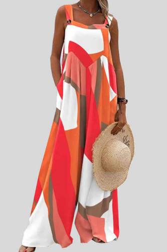 Orange Casual Print Patchwork Loose Jumpsuits