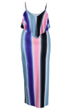 Purple Sexy Striped Print Patchwork Spaghetti Strap Sling Dress Plus Size Dresses