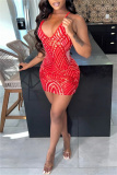 Red Fashion Sexy Patchwork Sequins Backless Cross Straps Spaghetti Strap Sleeveless Dress