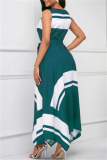Green Fashion Casual Print Asymmetrical O Neck Sleeveless Dress