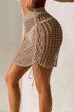 Khaki Sexy Solid Hollowed Out Patchwork Frenulum Swimwears Cover Up