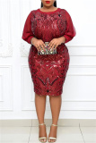 Burgundy Fashion Casual Patchwork Sequins O Neck Long Sleeve Plus Size Dresses