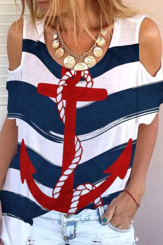Deep Blue Fashion Casual Print Hollowed Out O Neck T-Shirts