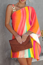 Multicolor Fashion Casual Print Patchwork Backless Oblique Collar Irregular Dress Dresses