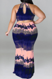 Purple Fashion Casual Plus Size Print Tie-dye O Neck Sleeveless Dress