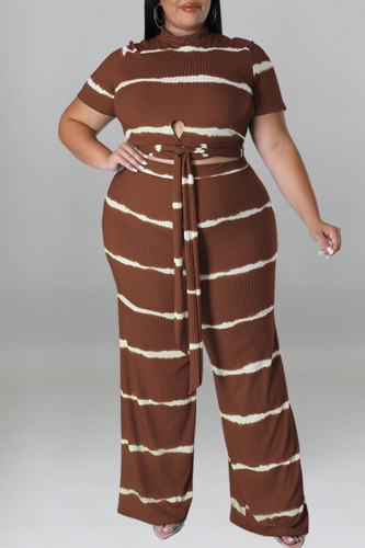 Dark Brown Casual Striped Print Bandage Patchwork O Neck Plus Size Two Pieces