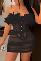 Black Fashion Sexy Patchwork See-through Feathers Backless Strapless Sleeveless Two Pieces