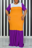 Orange Casual Solid Patchwork O Neck Straight Plus Size Dresses
