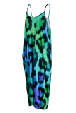 Turquoise Fashion Sexy Casual Print Leopard Backless Spaghetti Strap Long Dress