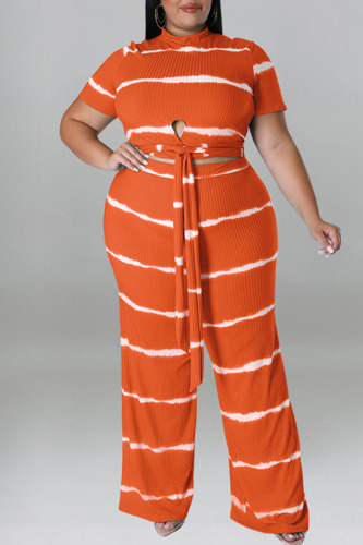 Orange Red Casual Striped Print Bandage Patchwork O Neck Plus Size Two Pieces