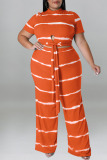 Orange Red Casual Striped Print Bandage Patchwork O Neck Plus Size Two Pieces