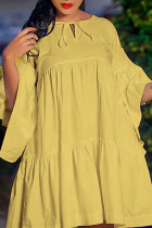 Yellow Casual Sweet Solid Patchwork Frenulum Fold V Neck A Line Dresses