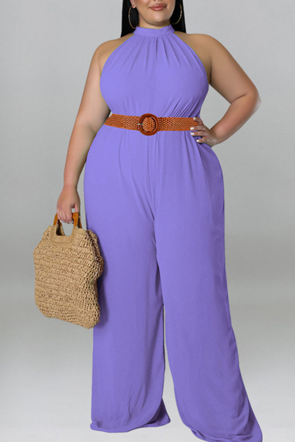 Purple Casual Solid Patchwork O Neck Plus Size Jumpsuits