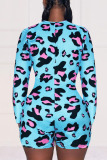 Blue Sexy Print Leopard Patchwork Buckle O Neck Skinny Rompers