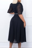 Black Elegant Solid Patchwork Beading With Belt Square Collar Dresses