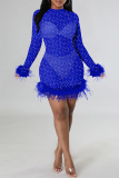 Blue Fashion Sexy Patchwork See-through O Neck Long Sleeve Dresses