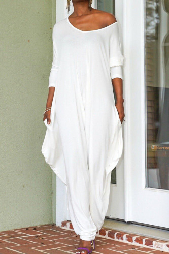 White Casual Solid Patchwork Backless V Neck Loose Jumpsuits