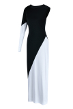 Black White Fashion Casual Solid Patchwork Asymmetrical O Neck Long Sleeve Dresses