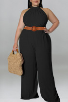 Black Casual Solid Patchwork O Neck Plus Size Jumpsuits
