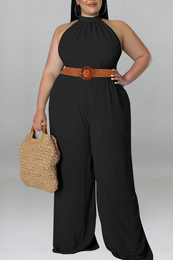 Black Casual Solid Patchwork O Neck Plus Size Jumpsuits