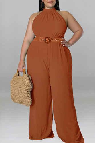 Brown Casual Solid Patchwork O Neck Plus Size Jumpsuits