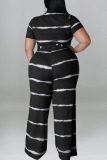 Dark Brown Casual Striped Print Bandage Patchwork O Neck Plus Size Two Pieces