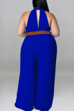 Blue Casual Solid Patchwork O Neck Plus Size Jumpsuits