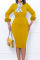 Yellow Casual Work Solid Patchwork Slit Stringy Selvedge O Neck One Step Skirt Dresses (Contain Silk Scarves)