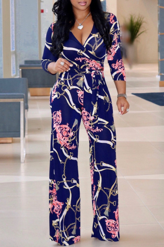 Tibetan Blue Fashion Casual Print Patchwork V Neck Regular Jumpsuits