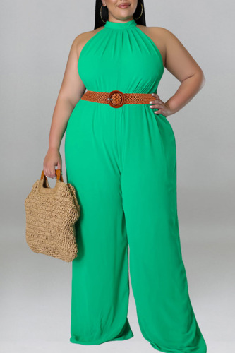 Cyan Casual Solid Patchwork O Neck Plus Size Jumpsuits