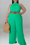 Brown Casual Solid Patchwork O Neck Plus Size Jumpsuits