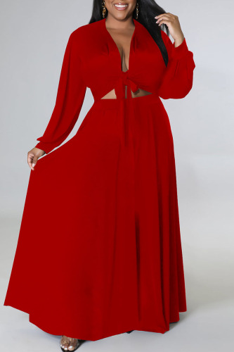 Red Sexy Solid Bandage Patchwork V Neck Plus Size Two Pieces