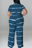 Navy Blue Casual Striped Print Bandage Patchwork O Neck Plus Size Two Pieces