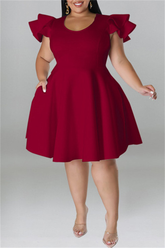 Burgundy Fashion Casual Solid Patchwork O Neck Short Sleeve Dress Plus Size Dresses