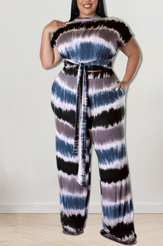 Black Casual Striped Print Tie Dye Bandage Patchwork O Neck Plus Size Two Pieces