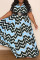 Blue Casual Striped Print Patchwork Buckle Turndown Collar A Line Plus Size Dresses(Without Belt)