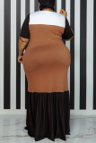 Light Brown Casual Solid Patchwork O Neck Straight Plus Size Dresses
