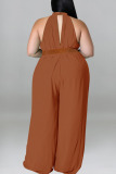 Brown Casual Solid Patchwork O Neck Plus Size Jumpsuits