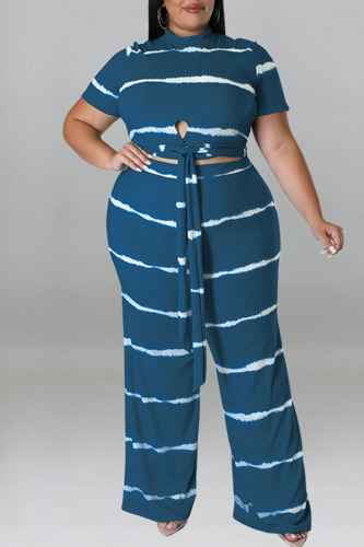 Navy Blue Casual Striped Print Bandage Patchwork O Neck Plus Size Two Pieces