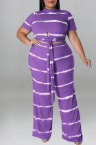 Purple Casual Striped Print Bandage Patchwork O Neck Plus Size Two Pieces