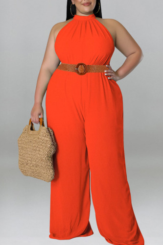 Tangerine Red Casual Solid Patchwork O Neck Plus Size Jumpsuits