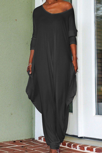 Black Casual Solid Patchwork Backless V Neck Loose Jumpsuits