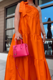 Orange Sexy Casual Solid Bandage Backless Oblique Collar Sleeveless Dress