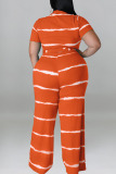 Orange Red Casual Striped Print Bandage Patchwork O Neck Plus Size Two Pieces