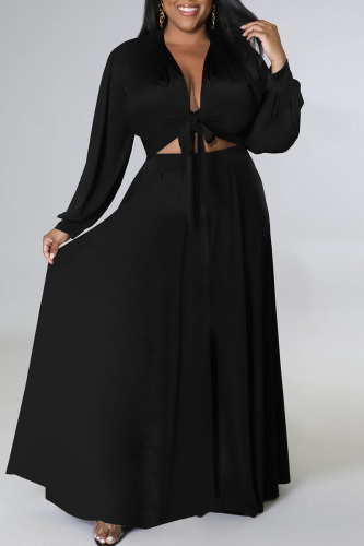 Black Sexy Solid Bandage Patchwork V Neck Plus Size Two Pieces