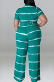 Cyan Casual Striped Print Bandage Patchwork O Neck Plus Size Two Pieces