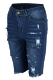 Dark Blue Fashion Casual Solid Ripped High Waist Skinny Denim Shorts