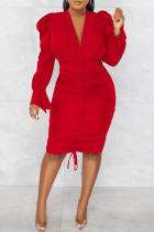 Red Fashion Sexy Casual Solid Patchwork Fold V Neck Long Sleeve Dresses