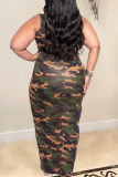 Camouflage Fashion Casual Plus Size Print Patchwork U Neck Vest Dress