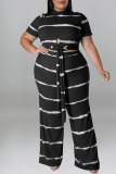 Black Casual Striped Print Bandage Patchwork O Neck Plus Size Two Pieces